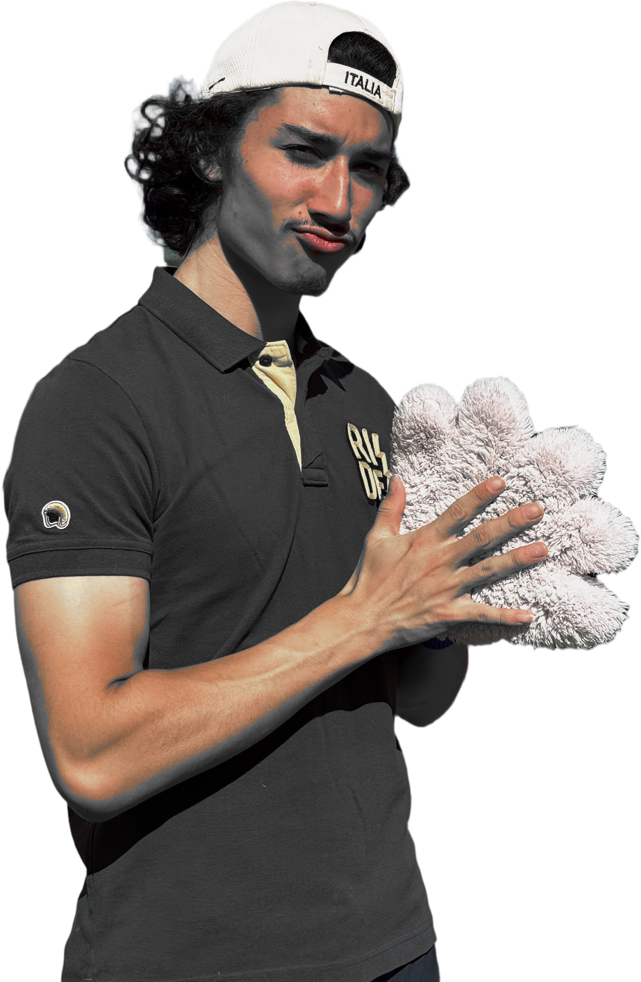 Daniel Wohlfahrt mit Kappe und weißem Waschhandschuh, freigestellt
